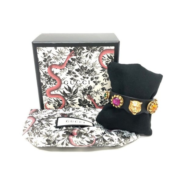 Auth GUCCI Taiga head Accessories Bracelet Leather Black/Gold/Multicolore - Picture 1 of 11
